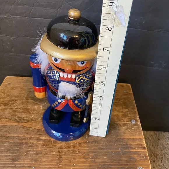 VTG Wooden Royal Palace Guard Nutcracker Soldier with Wood Hat Blue Red Uniform - Picture 2 of 5
